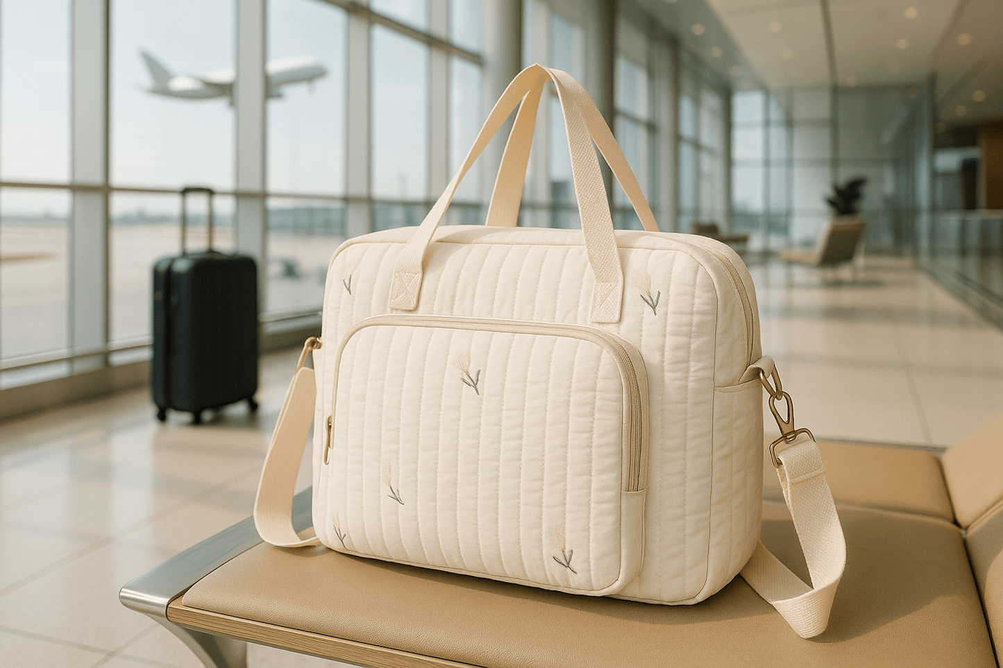 sac a langer sur banquette aéroport élégance brodé fleurs