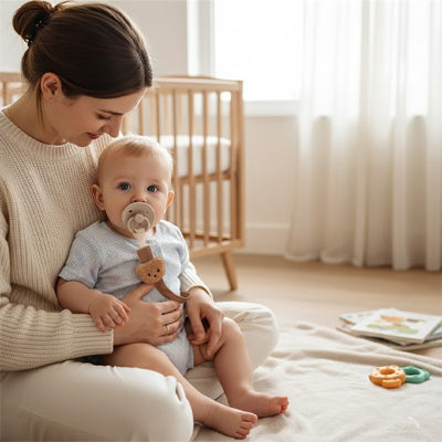 attache tetine lien sécurisé avec maman et bébé assis 
