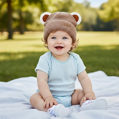 bébé assis au parc avec bonnet bebe adorable
