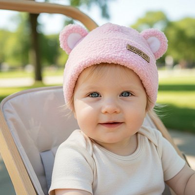bébé confortable avec bonnet bebe rose doux