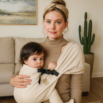 bébé contre maman port bebe en echarpe confort optimal beige