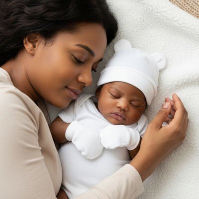 Bébé endormi confortablement avec bonnet bebe naissant blanc