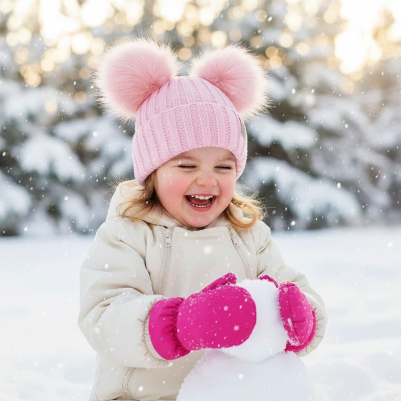 bébé heureux avec son bonnet bebe fille rose pour hiver
