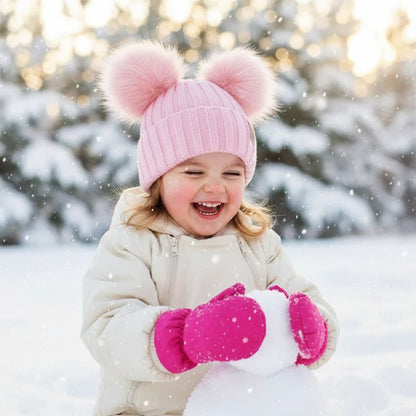 bébé heureux avec son bonnet bebe fille rose pour hiver