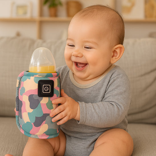 bébé heureux utilisant chauffe biberon portable