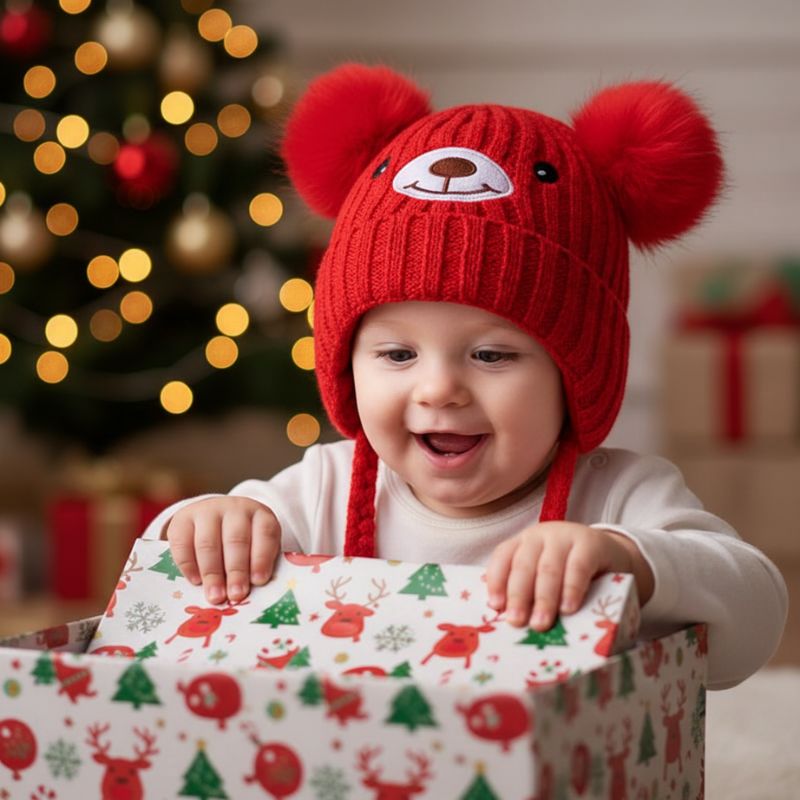 bébé ouvrant son cadeau avec bonnet bébé rouge