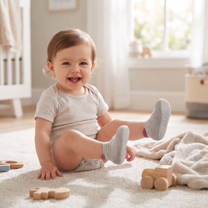 bébé souriant assis sur tapis portant chaussures bebe antidérapantes