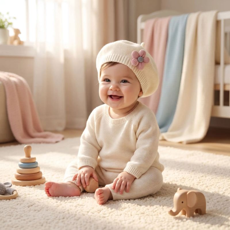 bébé souriant avec son bonnet bébé fille blanc