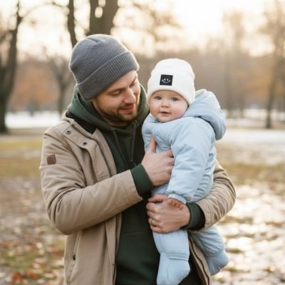 Bonnet bebe blanc pour promenade parc en hiver