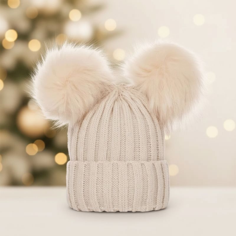 bonnet bebe fille beige avec pompon