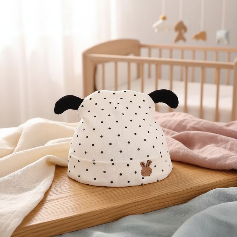 bonnet bébé naissance avec motifs points noirs