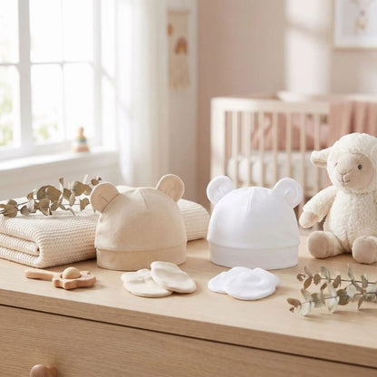 bonnet bebe naissant beige blanc en coton