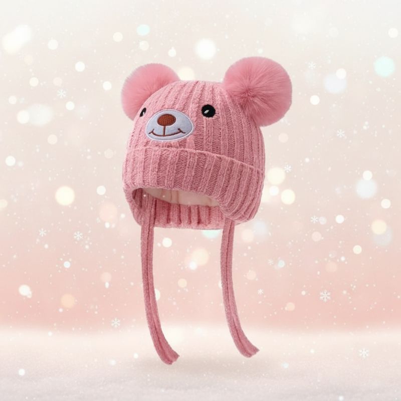 bonnet bébé rose avec cordons tressés