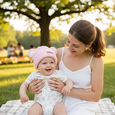 Bonnet bebe rose avec coupe enveloppante