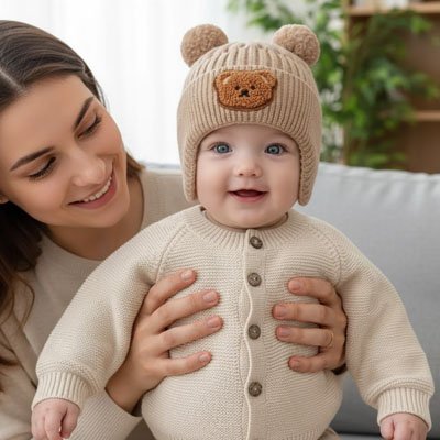 bonnet laine bébé avec oursons