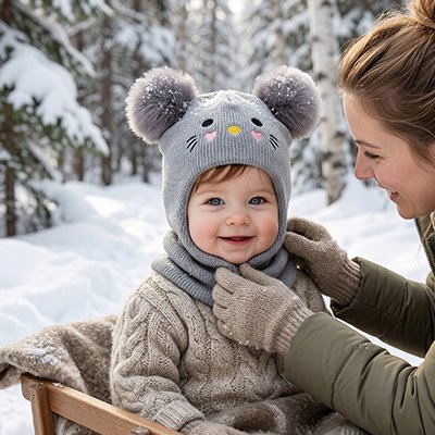 Cagoules pour bebe gris avec pompons décoratifs