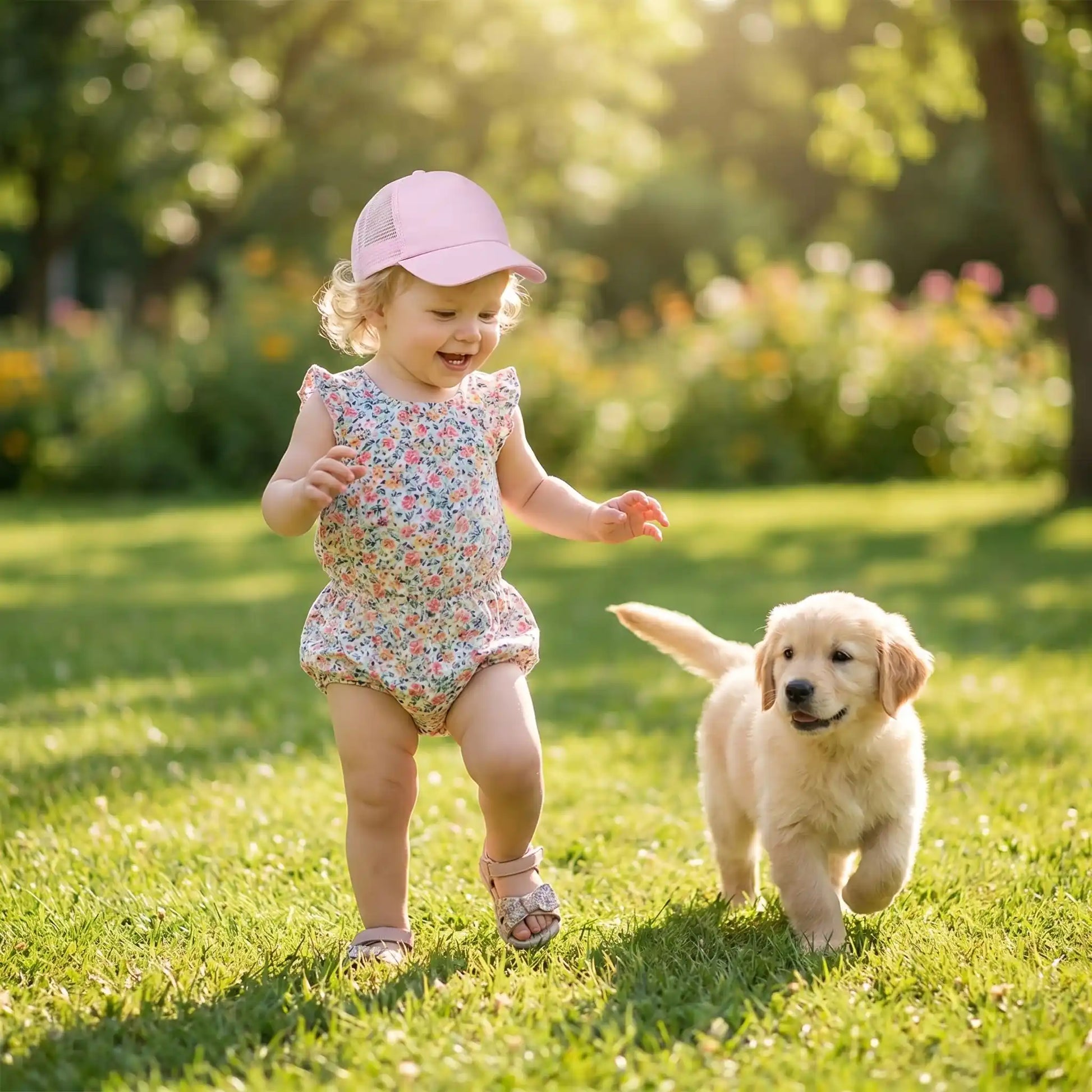 casquette bébé fille jeu extérieure avec chiot