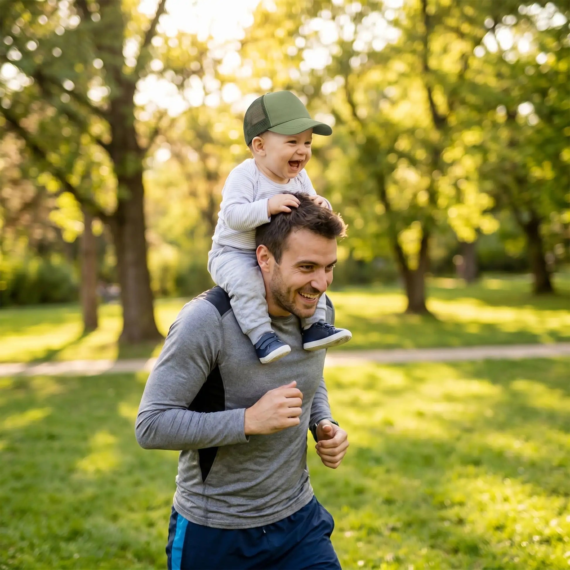 casquette bébé garçon avec bébé sur épaules de papa