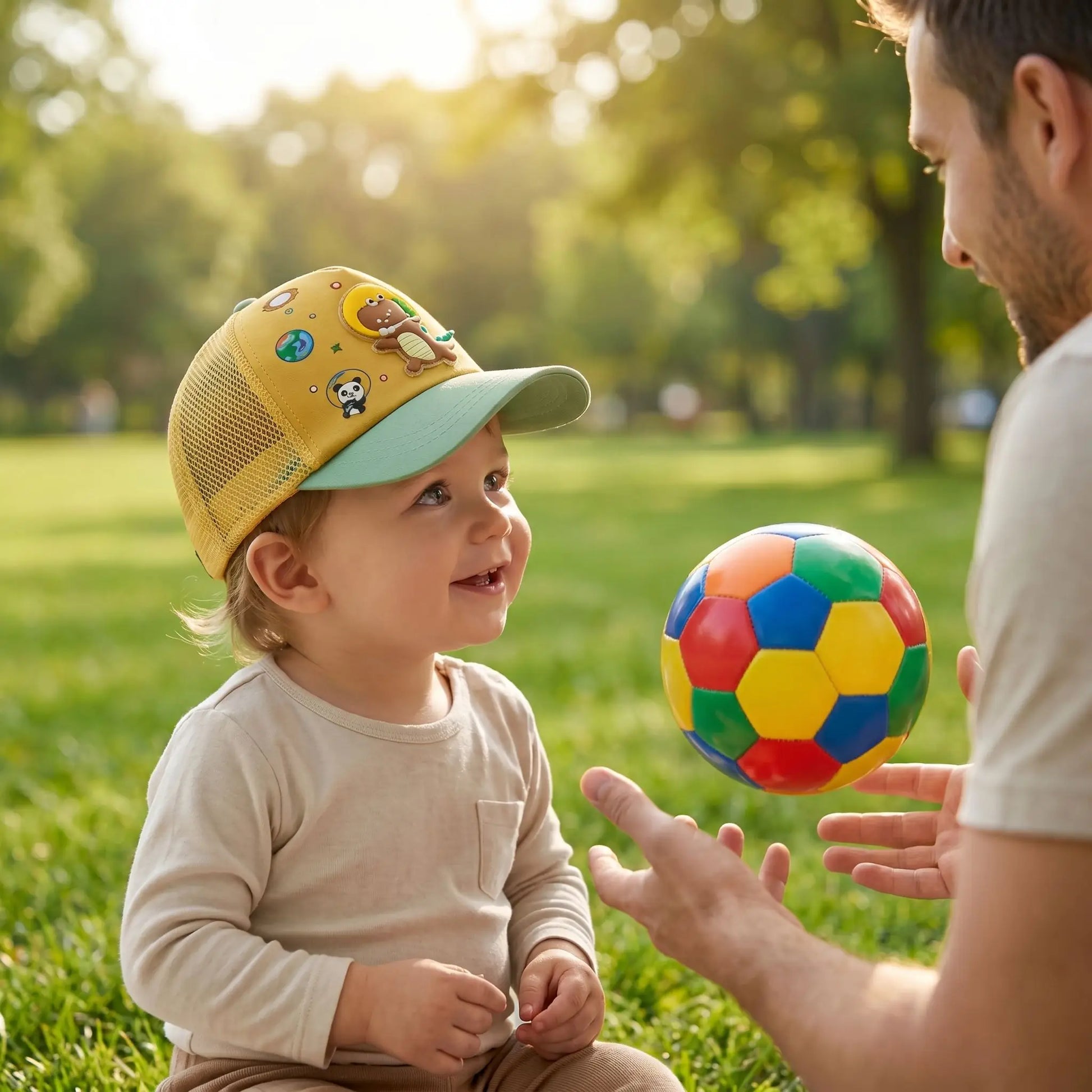 casquette bébé garçon papa bébé jouant au ballon