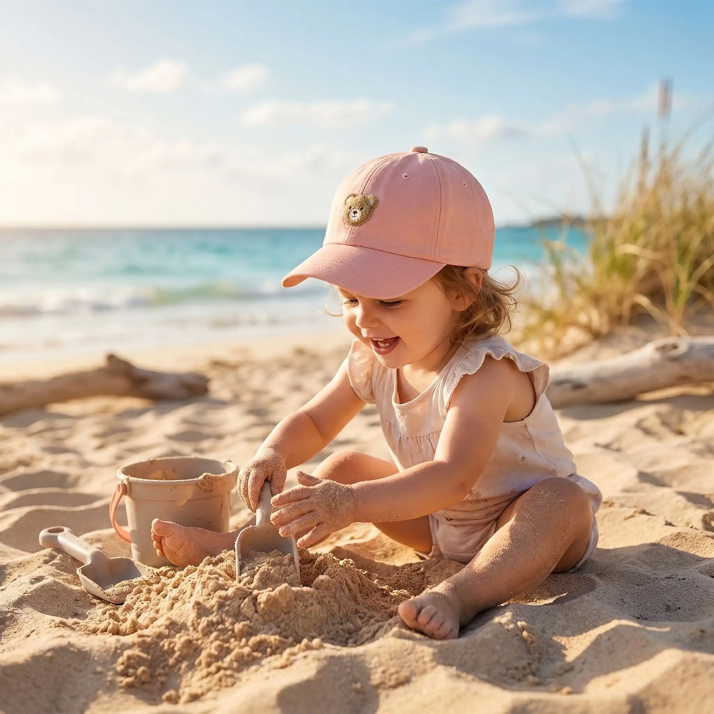 casquette pour bebe jouant dans le sable