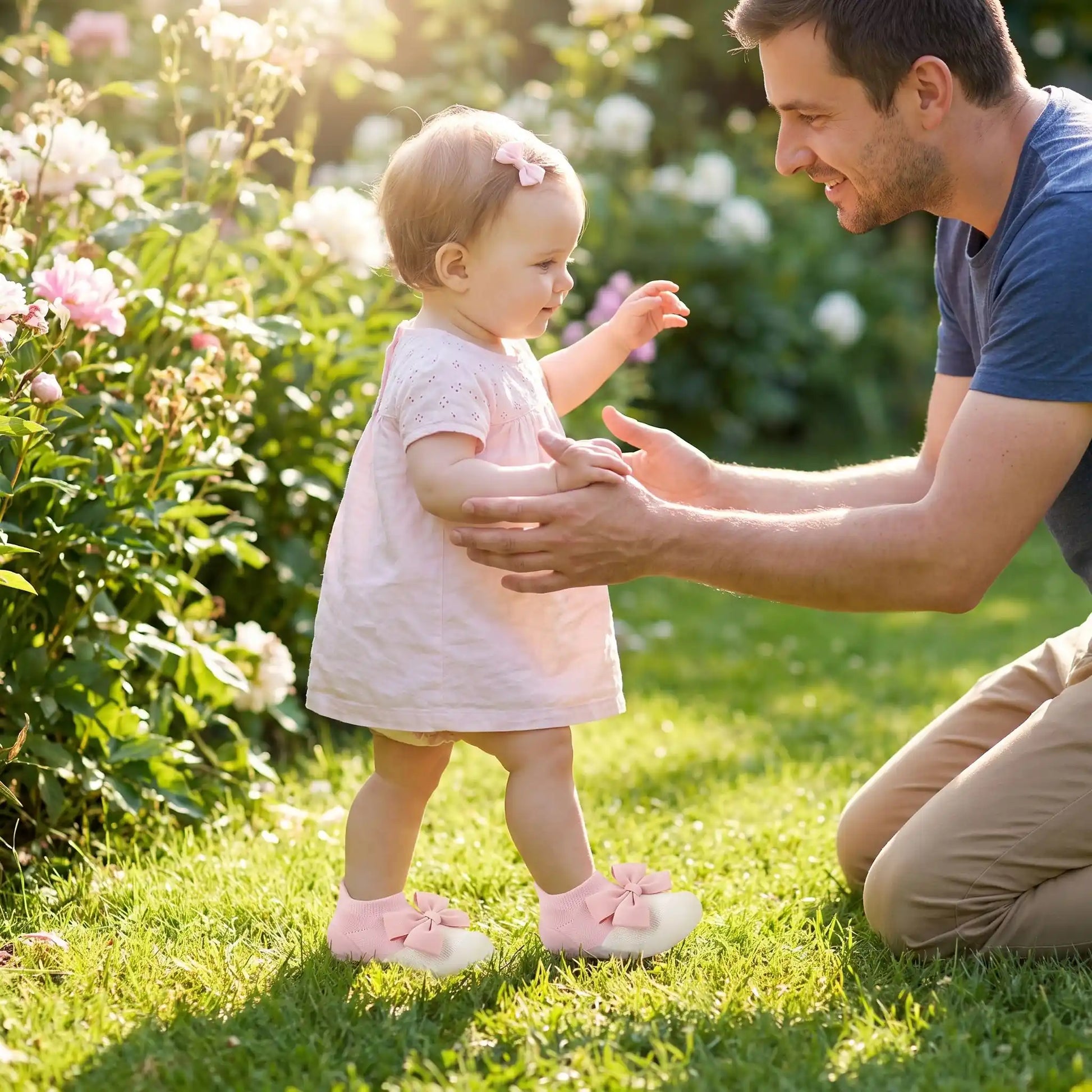 chaussure bebe fille premiers pas au parc avec papa