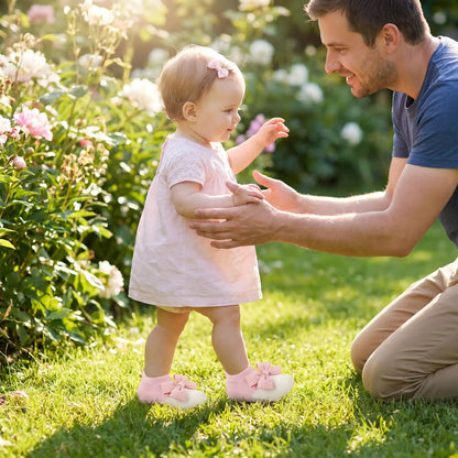 chaussure bebe fille premiers pas au parc avec papa