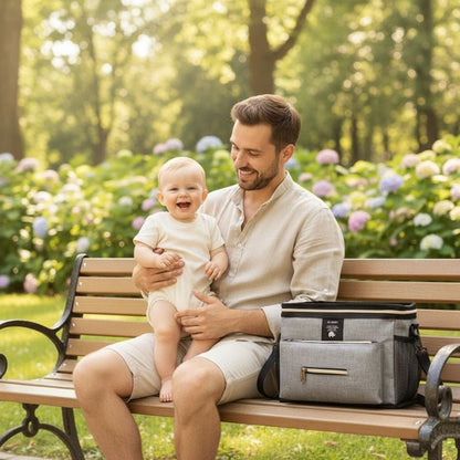 détente au parc avec sac à langer babygo gris
