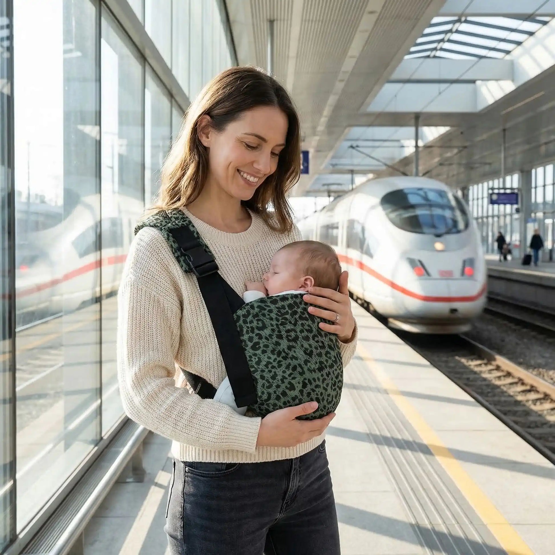 echarpe de portage maman bébé gare motif texture d'olive