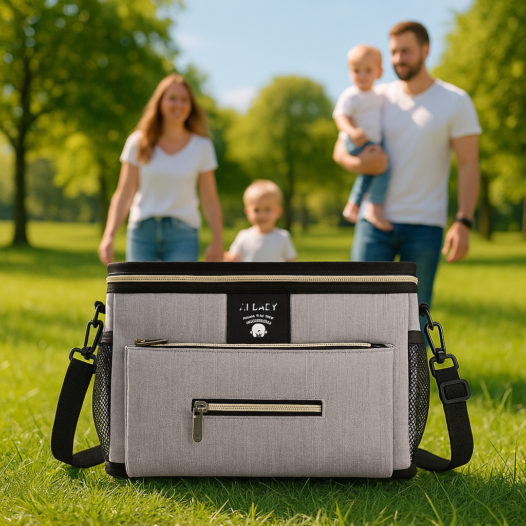 famille en promenade avec sac à langer parc babygo gris