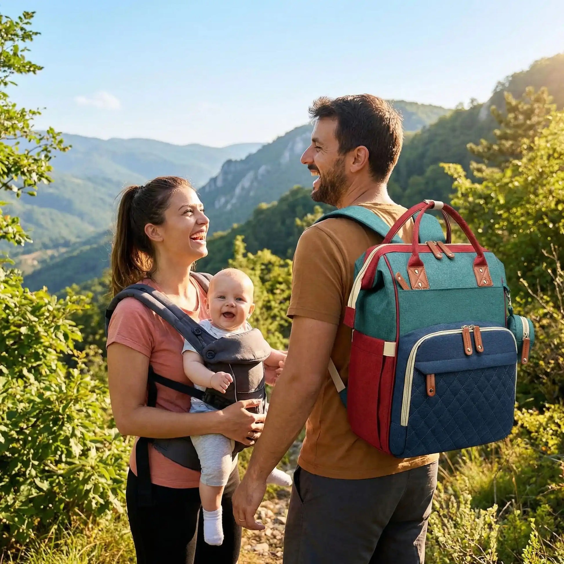famille en randonnée avec sac à dos à langer dorsik bleu vert