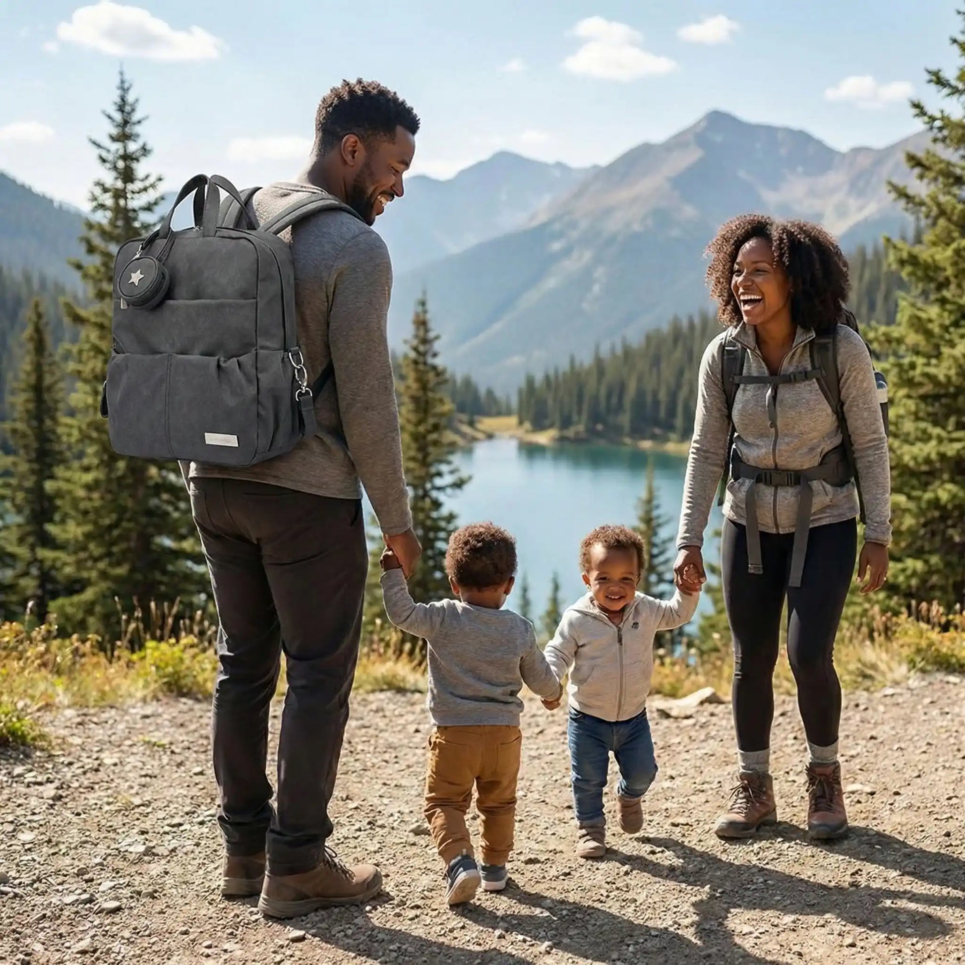 famille randonnée avec jumeaux- et sac à langer à dos mashia noir