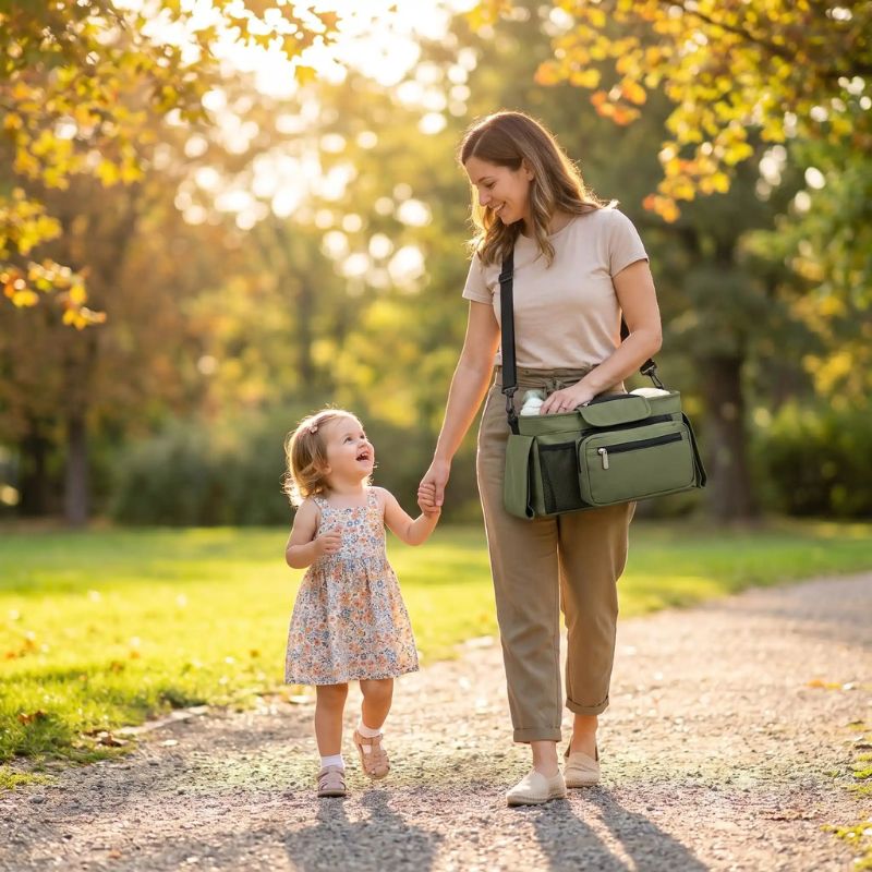 mama bébé en promenade avec sac à langer nomado vert