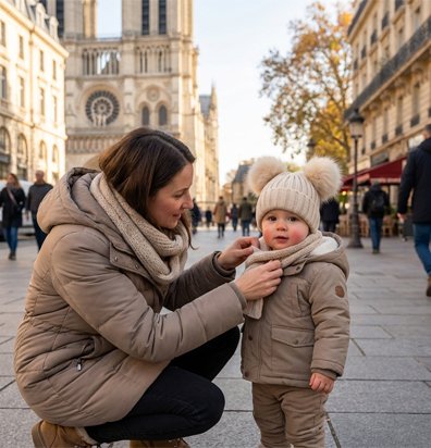 maman ajustant bonnet bebe fille beige pendant voyage