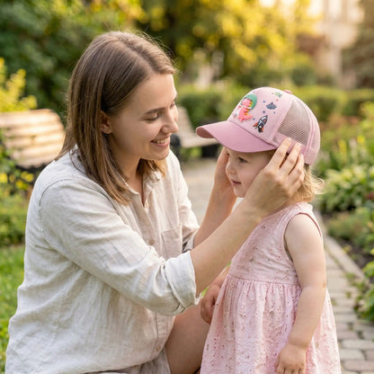 maman ajustant casquette bébé fille rose