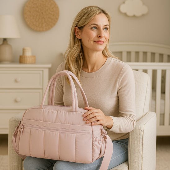 maman assise tenant sac a langer rose
