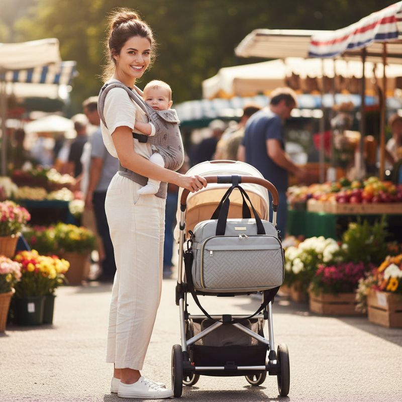 maman bébé au marche avec sac a langer gris