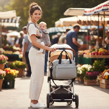 maman bébé au marche avec sac a langer gris