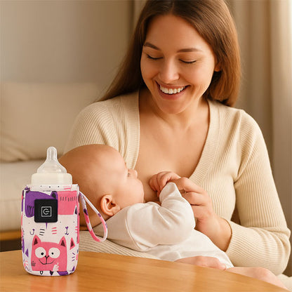 maman épanouie avec chauffe-biberon portable USB rechargeable