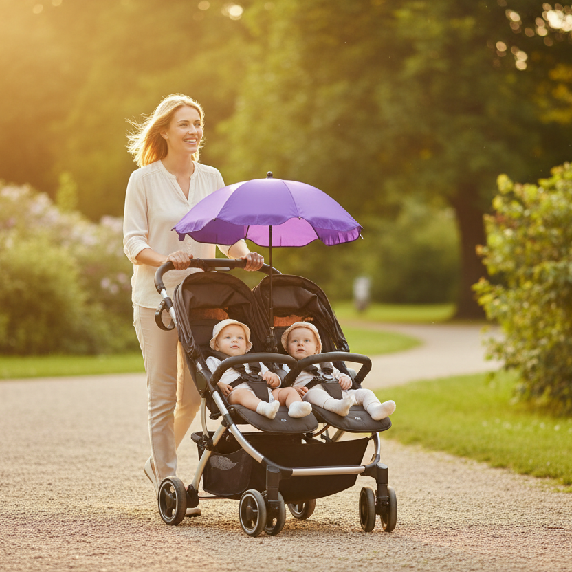maman heureuse en promenade avec ombrelles poussette violet sur poussette double