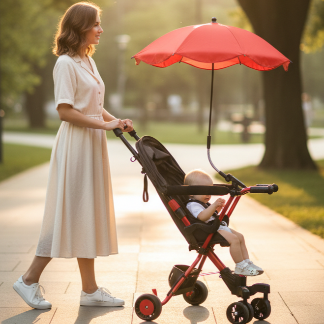 ombrelles poussettes promenade famille en été