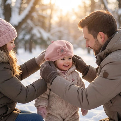 papa ajustant bonnet bébé  fille rose