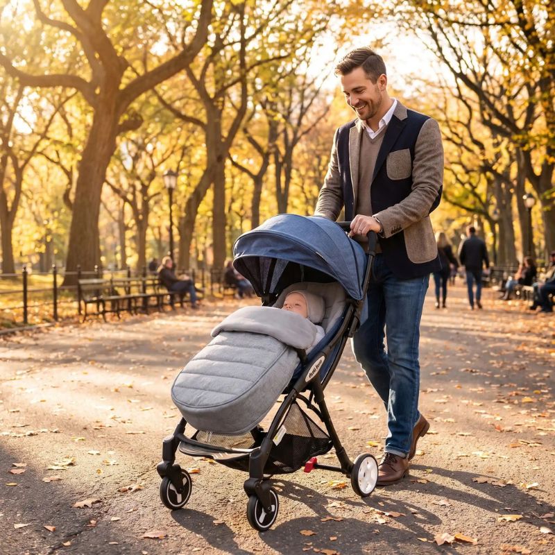 papa au parc avec bébé dans-chanceliere pour bebe gris