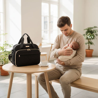 papa bébé au café avec sac a langer gris
