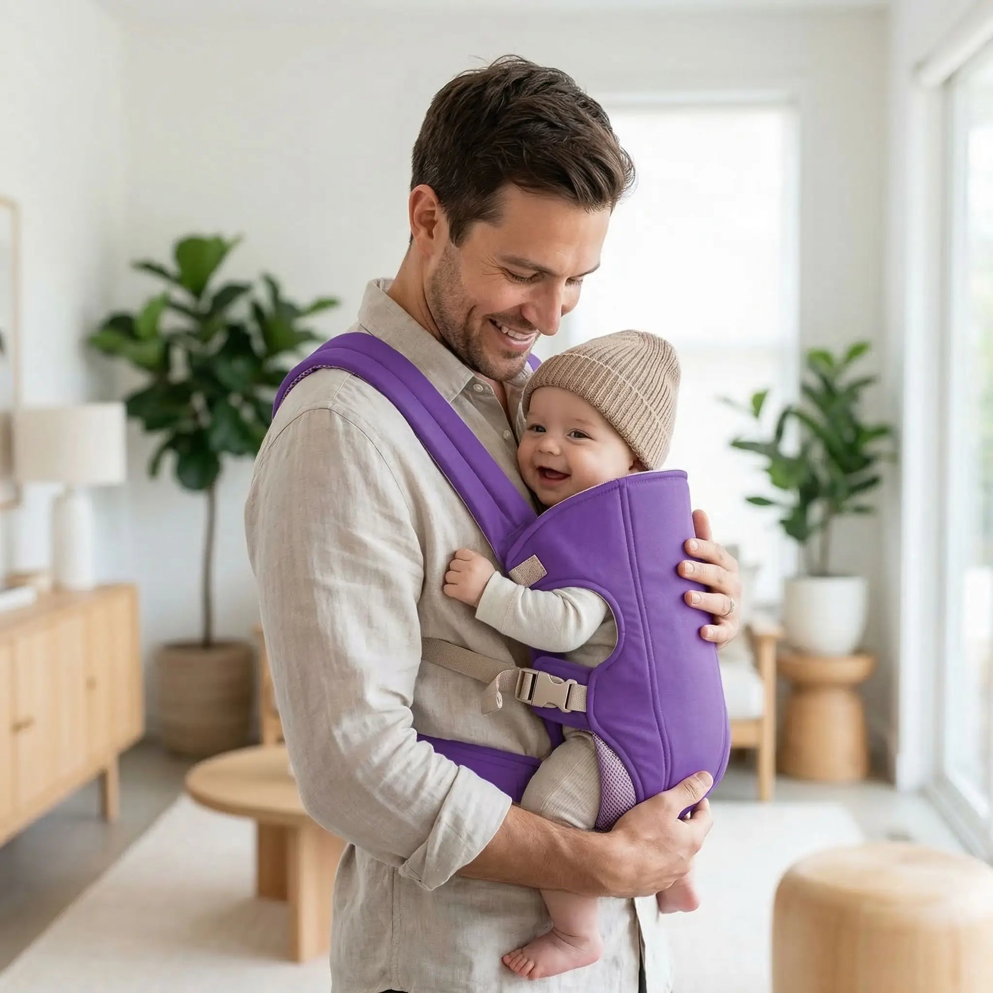 papa heureux du porte bebe des la naissance move mauve