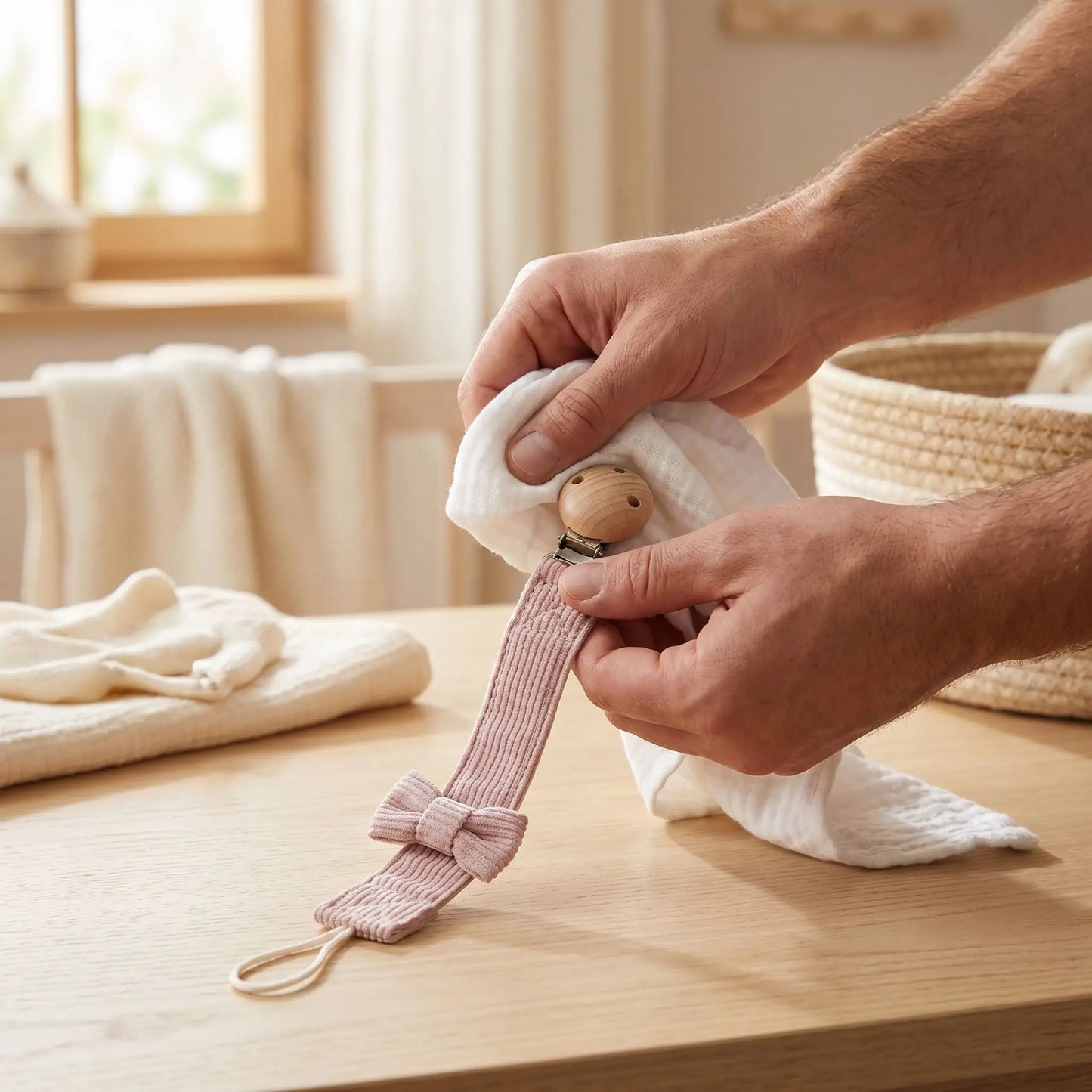 papa nettoyant attache tetine bébé