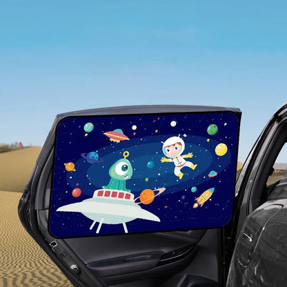 pare soleil voiture bébé avec motifs espace sur vitre arrière