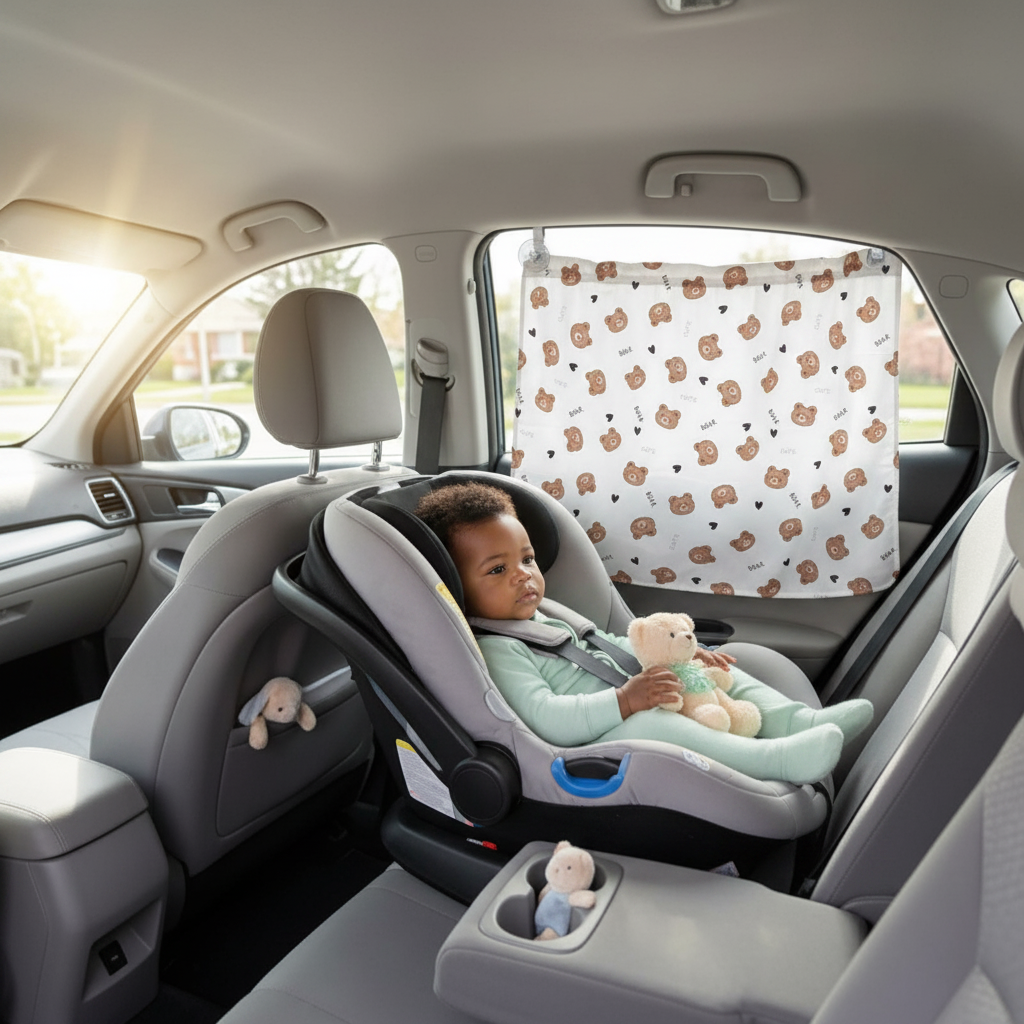 pare soleil voiture bebe ours enfant confortablement installé