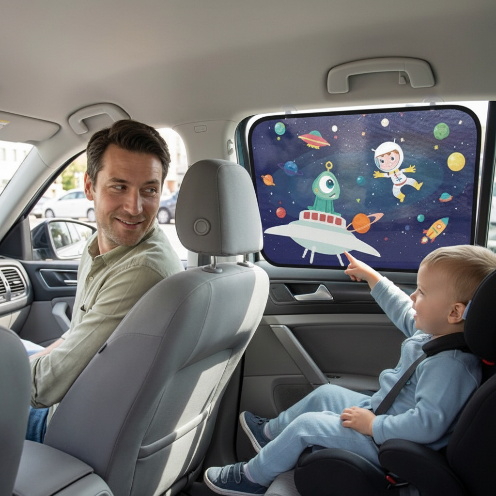 pare soleil voiture bébé souriant pointant motifs spatiaux 