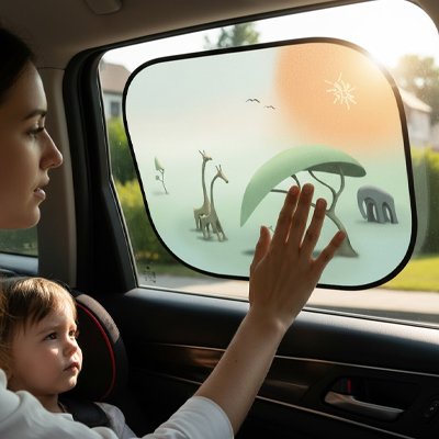 Pare-soleil voiture bébé fixé par maman