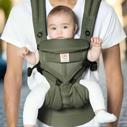 porte bébé ergonomique vert olive avec bébé position face avant